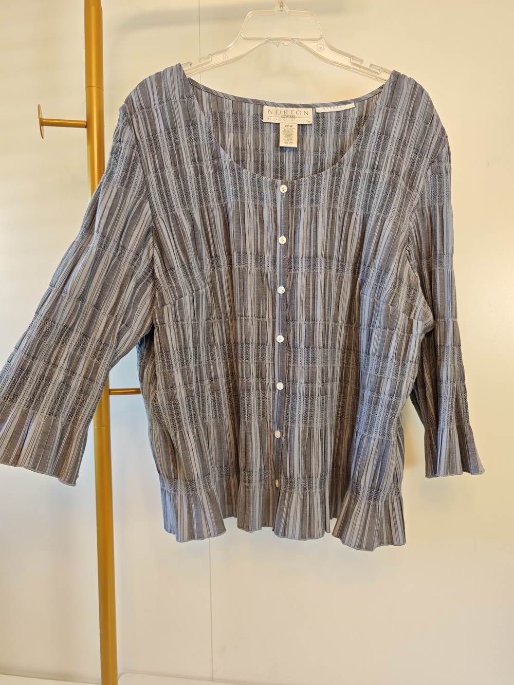 Vintage Western Blue Gray Smocked Striped Scoop NeckButton-Front Women's Top 20W